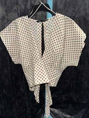 Zara Cream Wrap Top with Brown Polka Dots